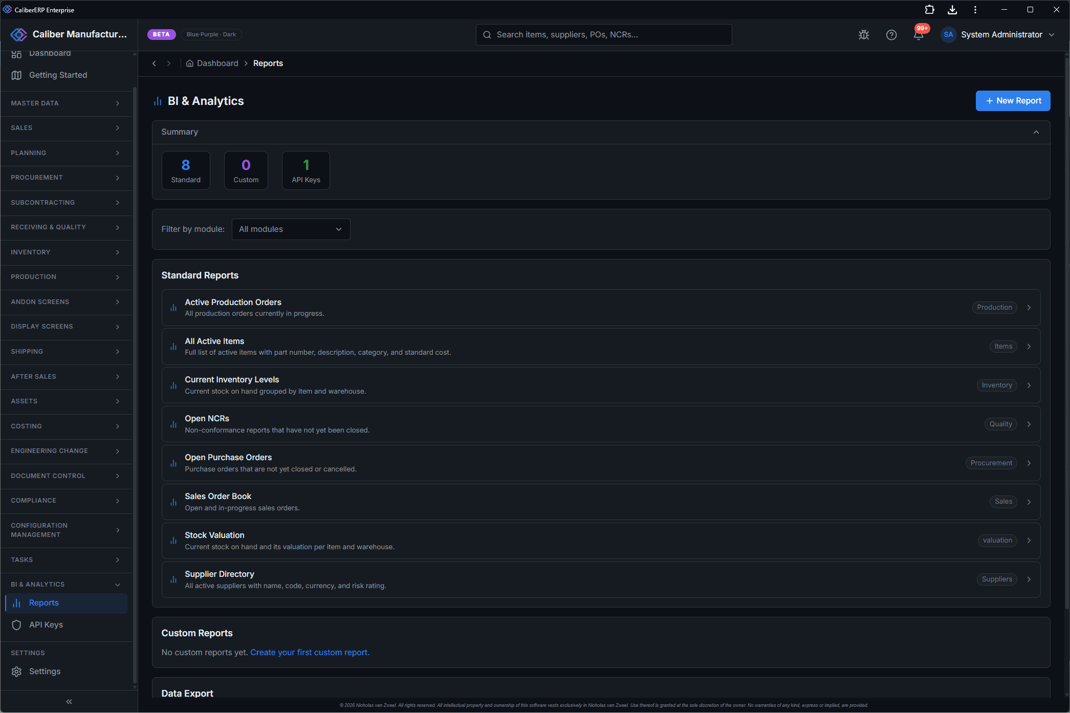 CaliberERP Analytics screen