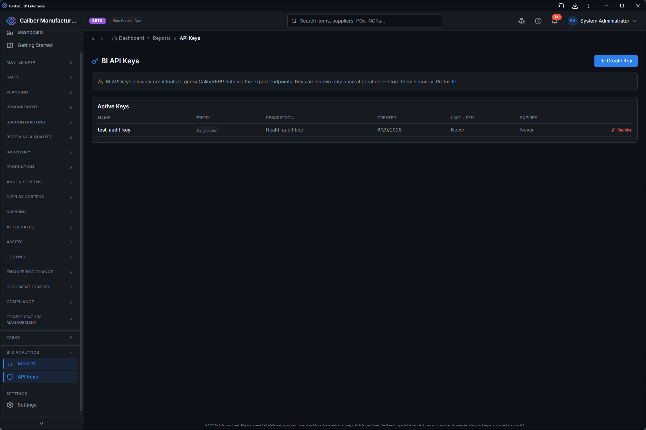 CaliberERP API Keys screen