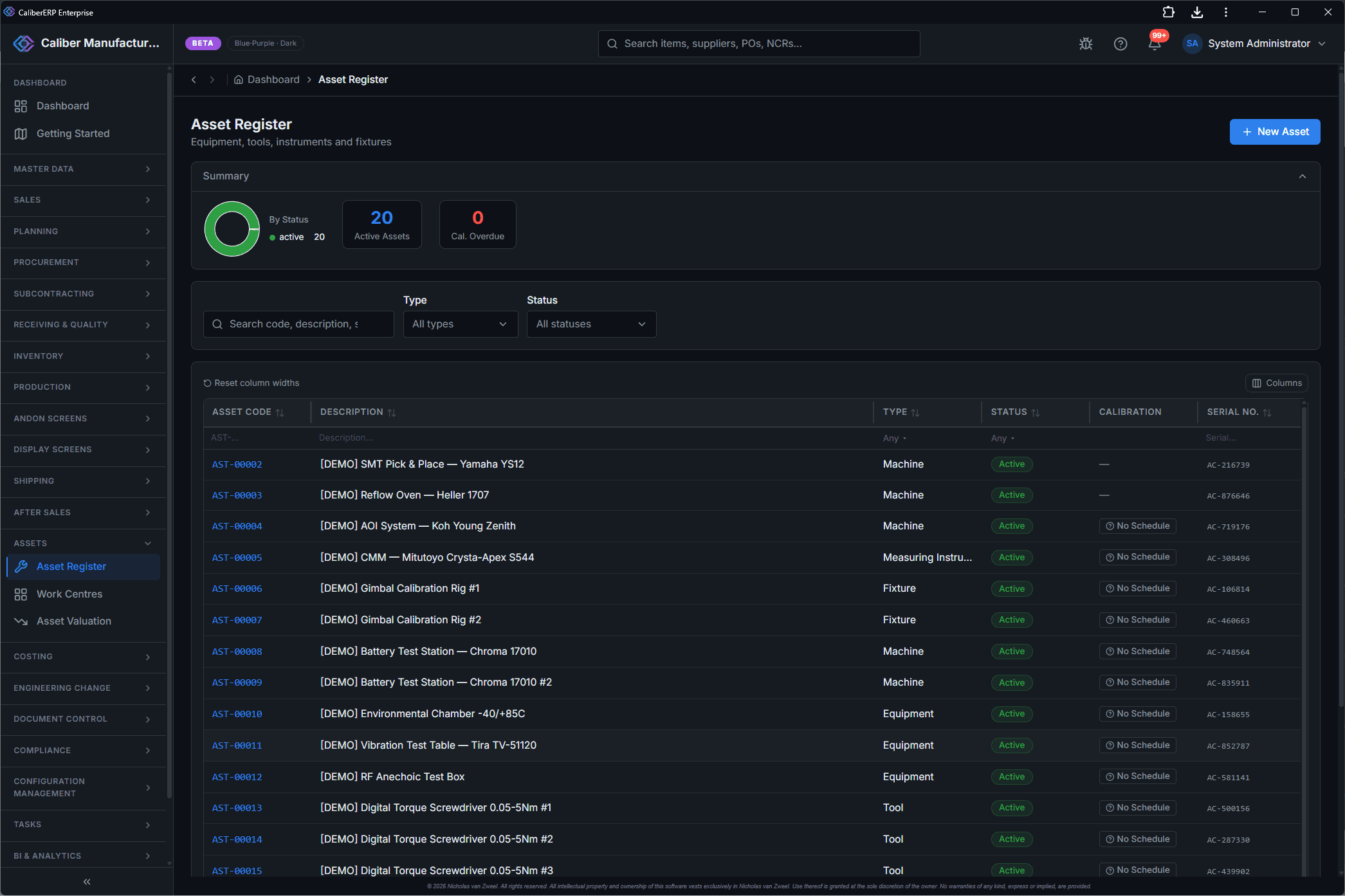 CaliberERP Asset Management screen
