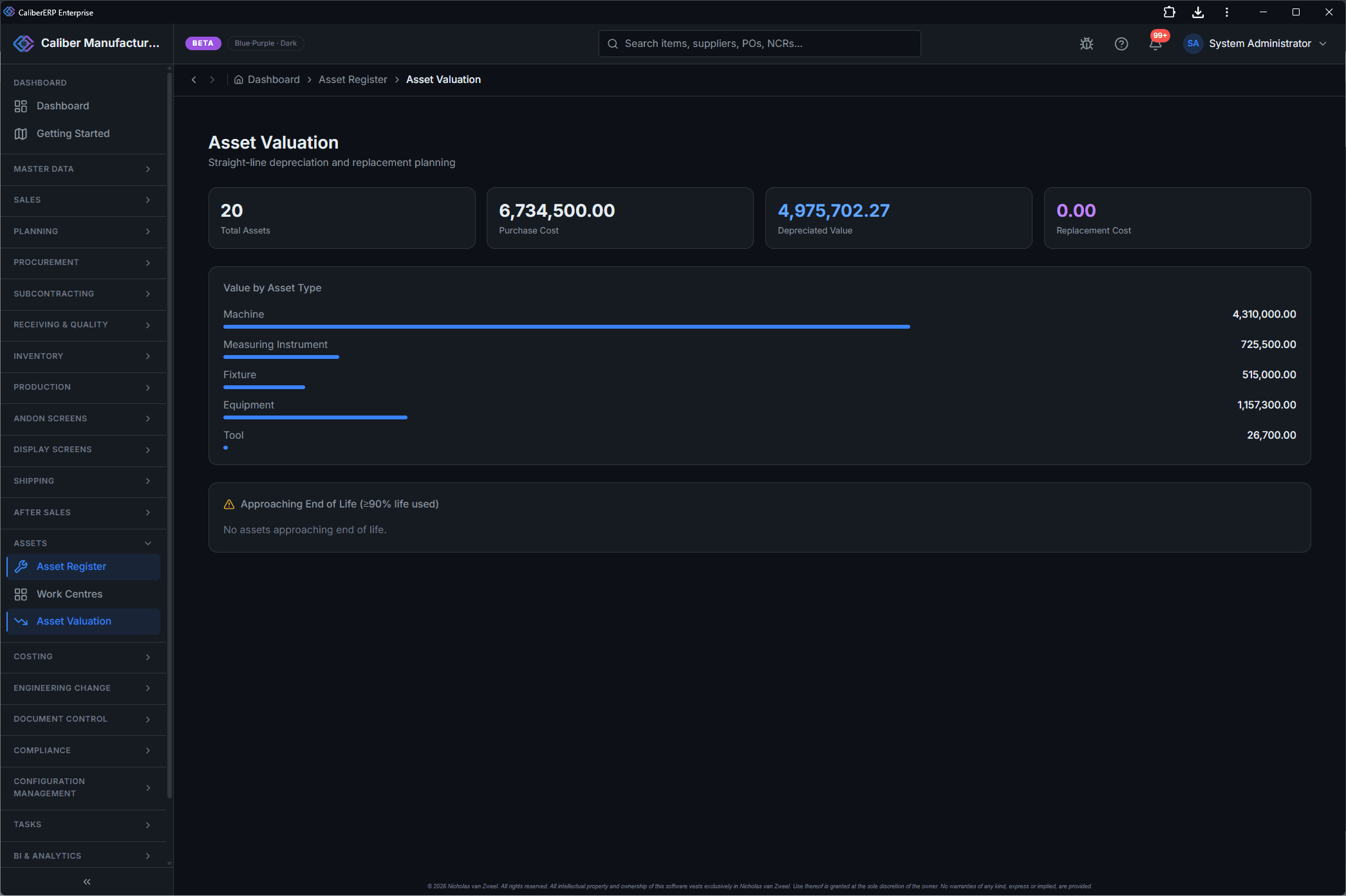 CaliberERP Asset Valuation screen