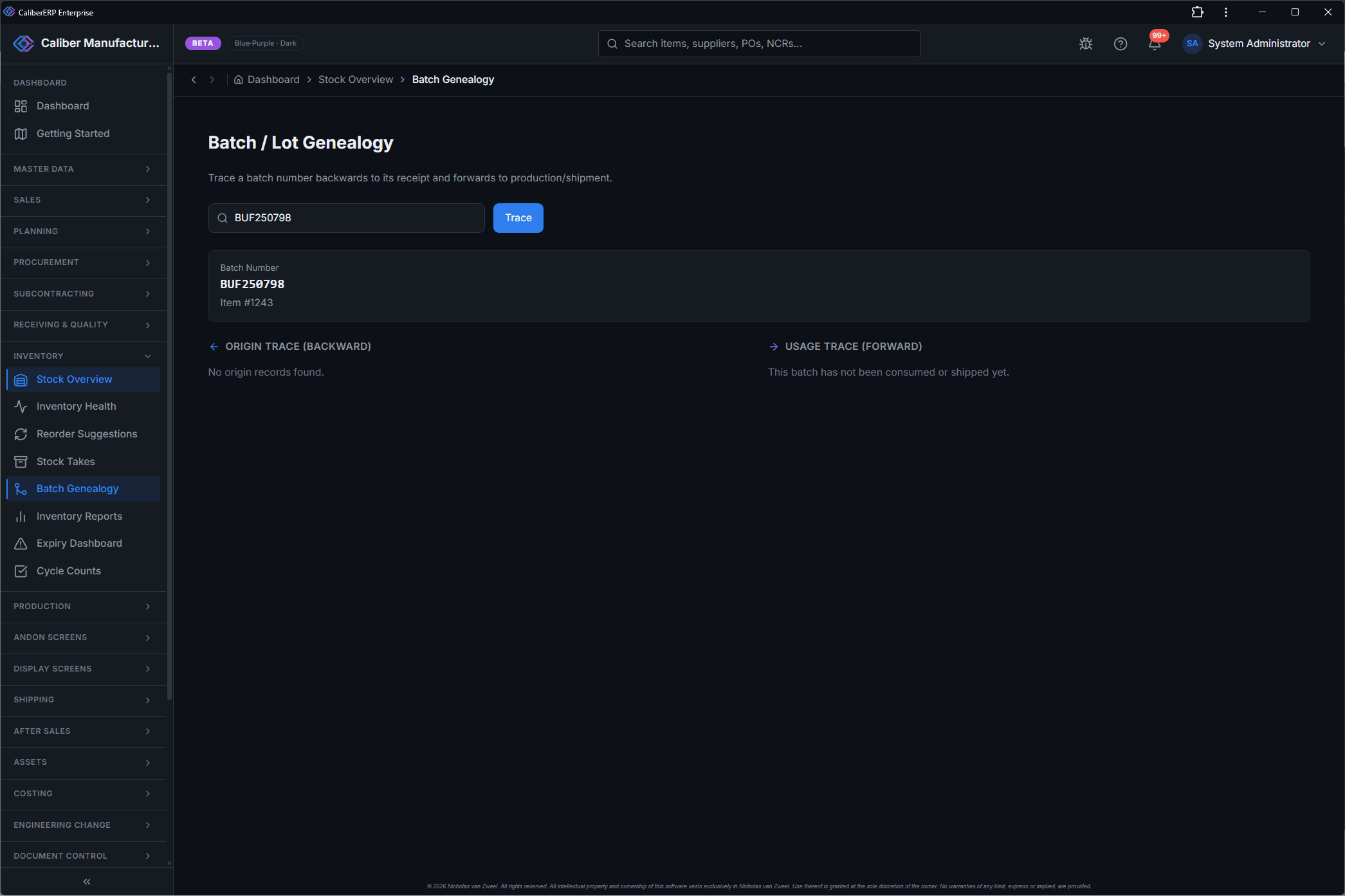 CaliberERP Batch Traceability screen