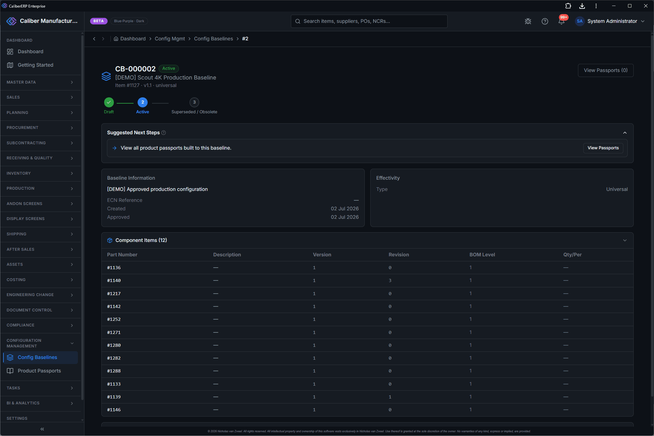 CaliberERP Config Baseline Details screen