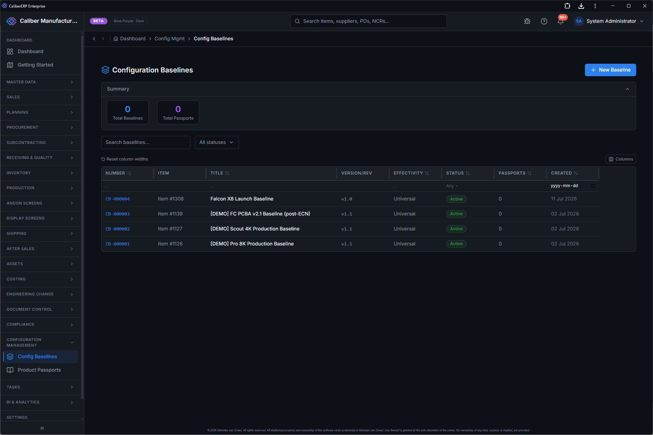 CaliberERP Config Baselines screen