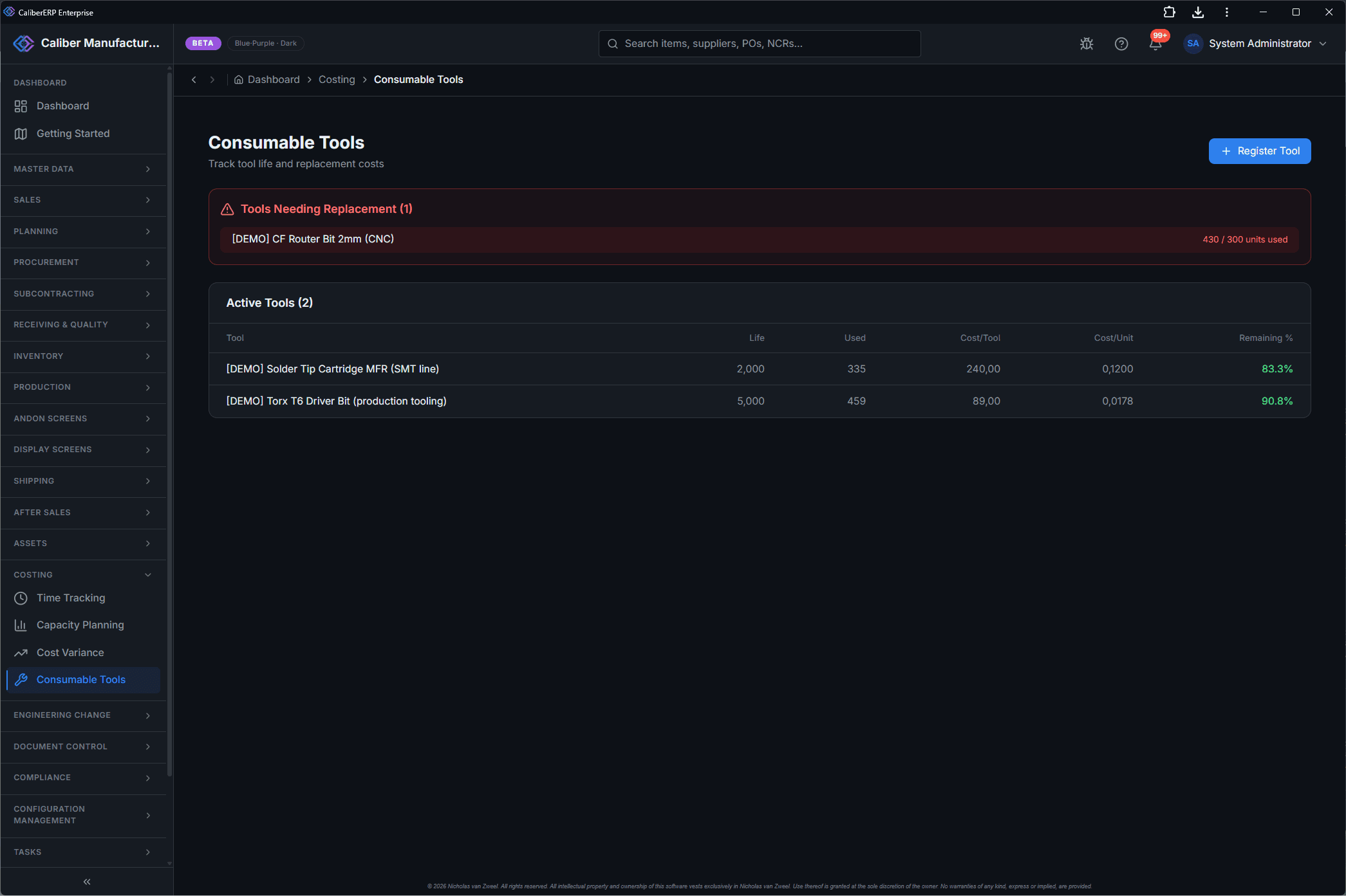 CaliberERP Consumable Tools screen