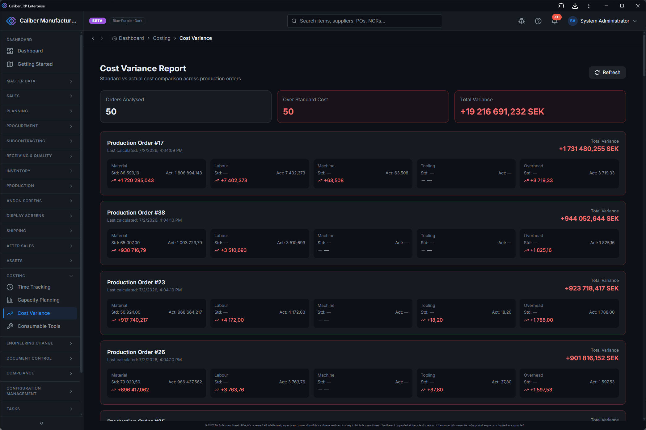 CaliberERP Cost Variances screen