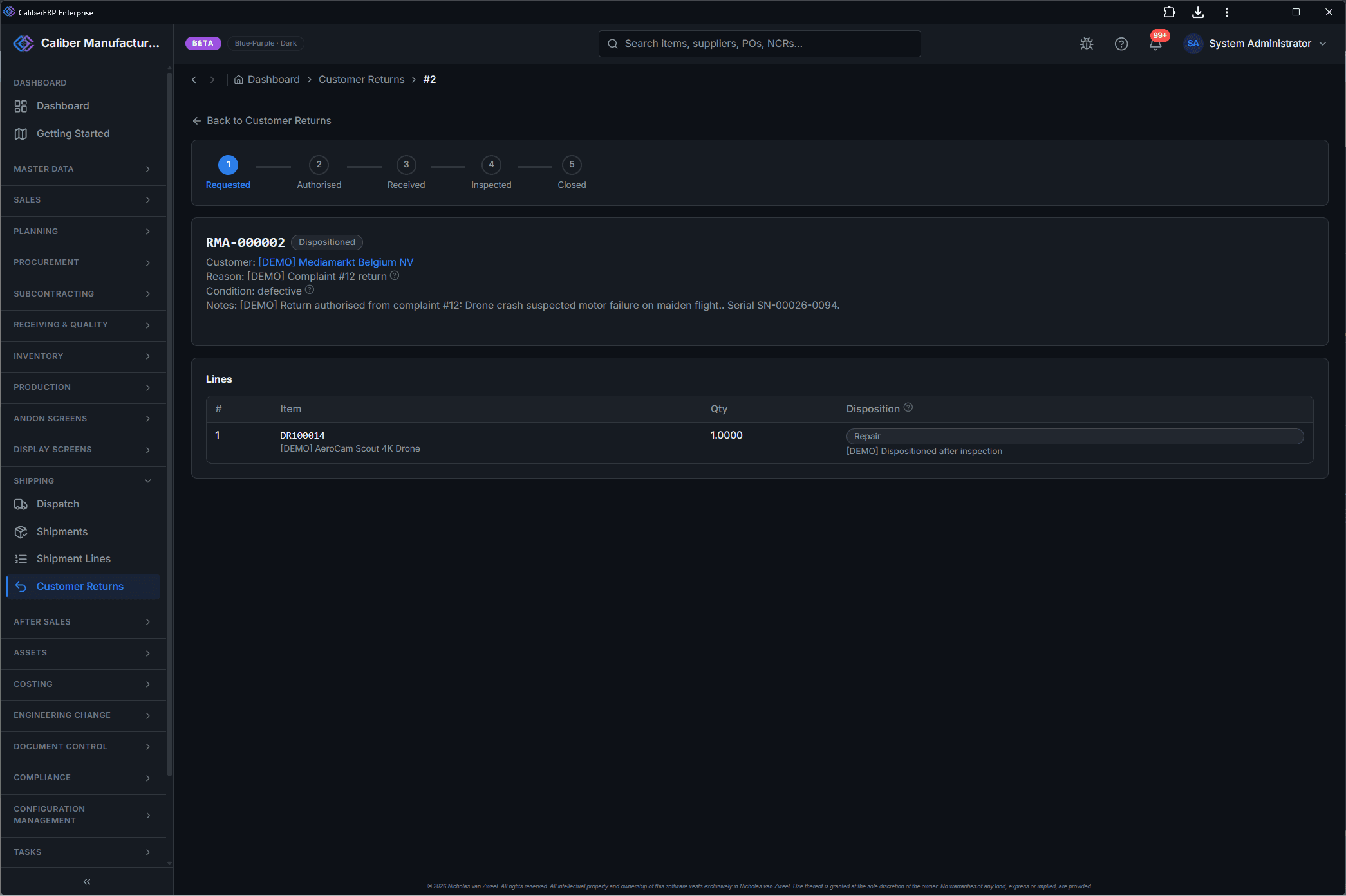 CaliberERP Customer Returns screen