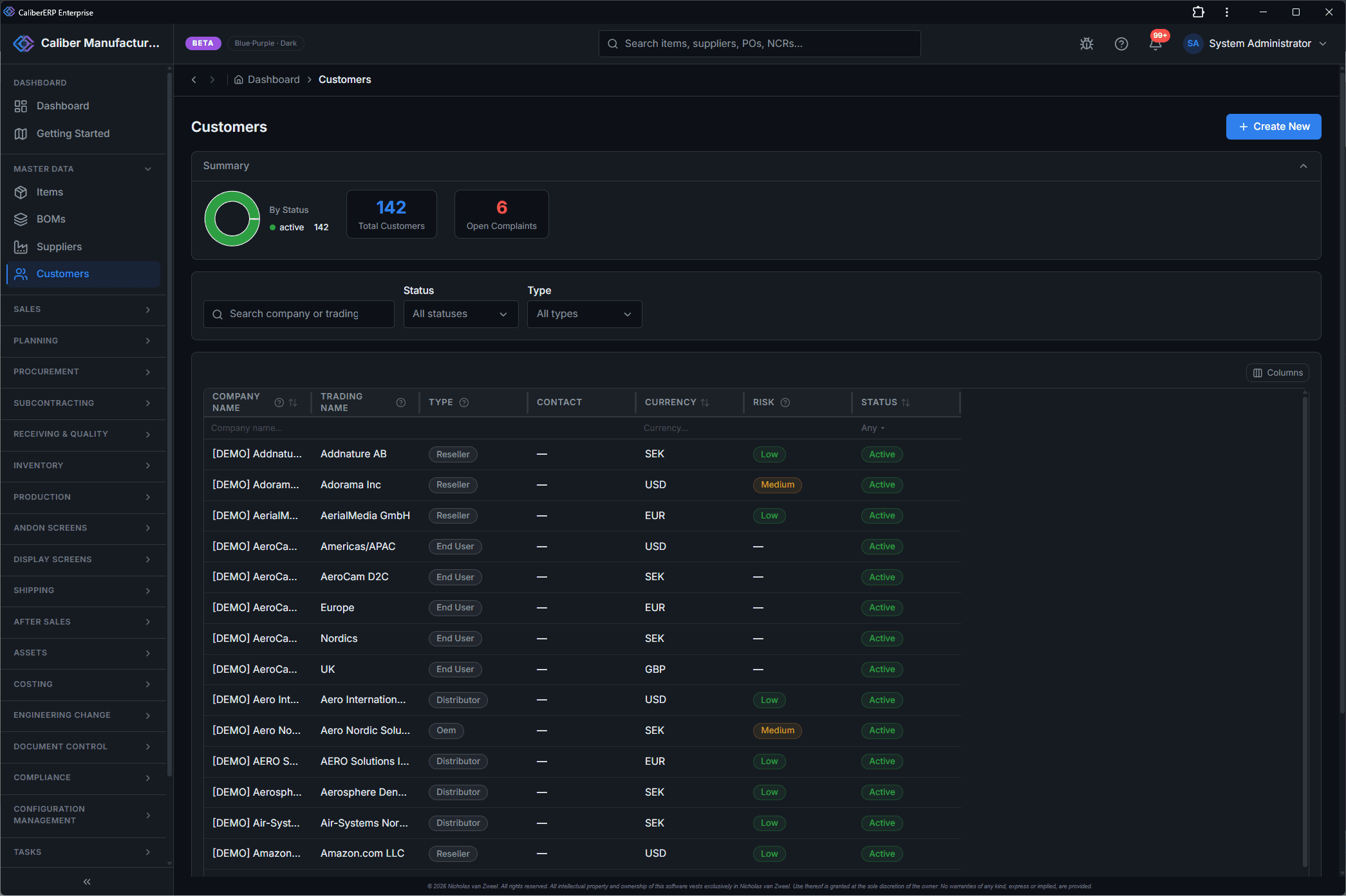 CaliberERP Customers screen