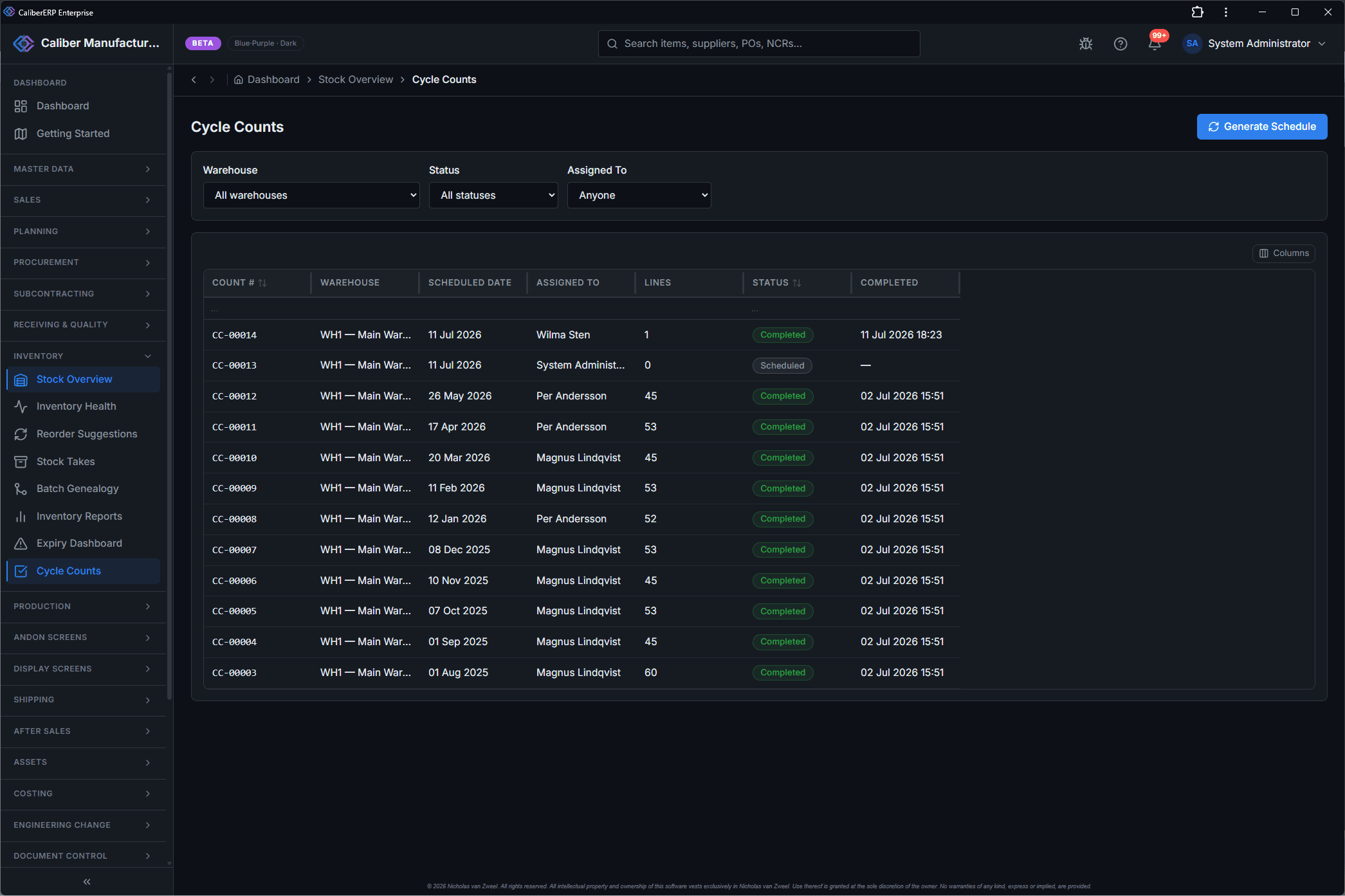 CaliberERP Cycle Counts screen