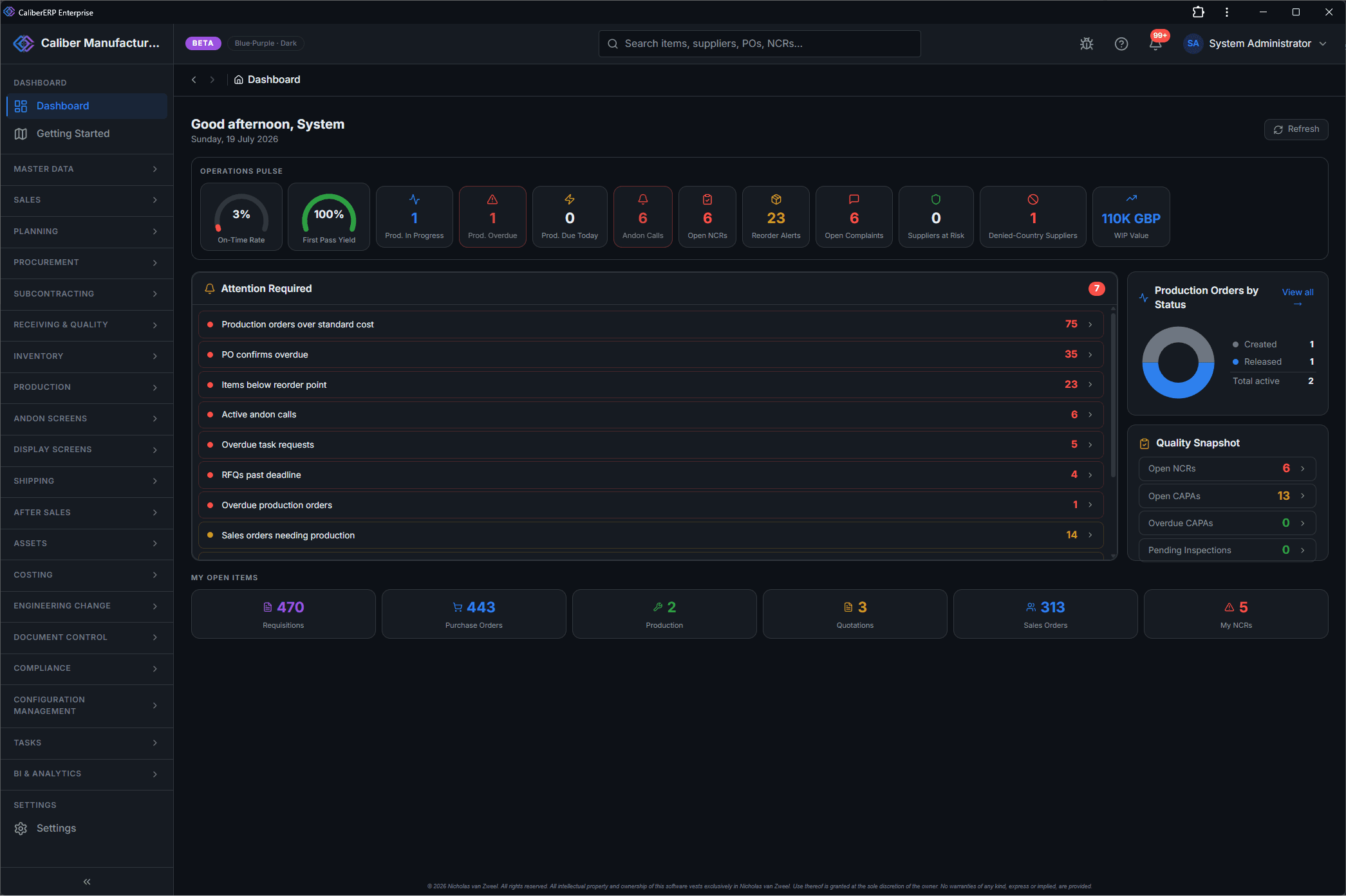 The CaliberERP dashboard with operations pulse KPIs, attention-required list, production status and quality snapshot