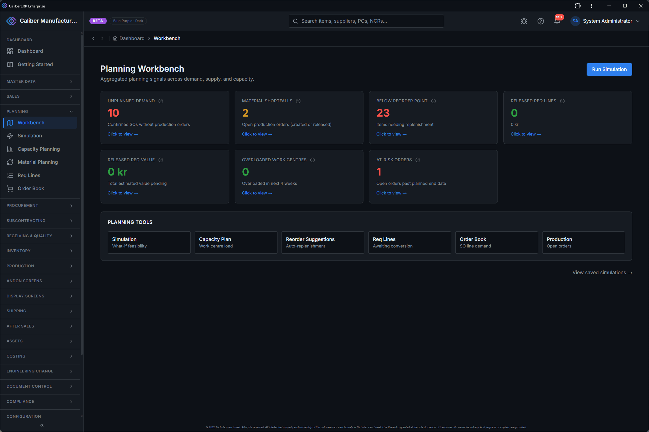 Planning workbench with color-coded cards for unplanned demand, shortfalls, items below reorder and at-risk orders